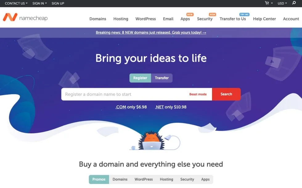 Página principal de Namecheap