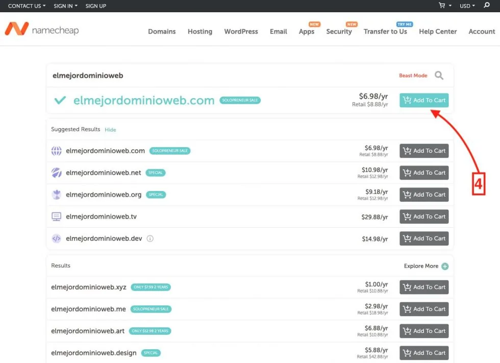 Resultados de búsqueda en Namecheap con el botón Add To Cart