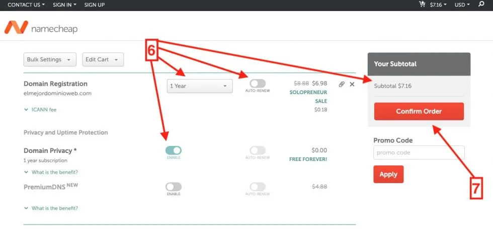 Pantalla de configuración y confirmación de la orden en Namecheap