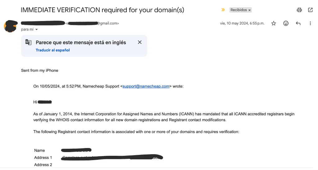 Correo de verificación de la ICANN que recibirás después de comprar tu dominio